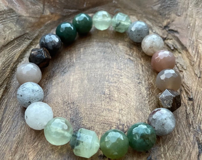 Chunky Earthing Bracelet | Bronzite, Moss Agate, Prehnite, Rutile Quartz + Grey Moonstone | 10 mm | Spiritual Junkies | Yoga + Meditation