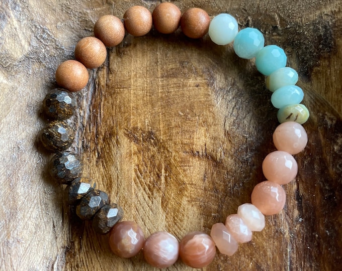 March Mala of the Month | Ebb + Flow Bracelet | Sandalwood, Bronzite, Sunstone + Amazonite | 8 mm | Spiritual Junkies | Yoga | Mala Beads
