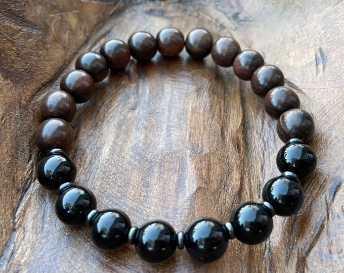 Chunky Natural Wood + Black Onyx | Yoga + Meditation | Spiritual Junkies | Stackable Mala Bracelet