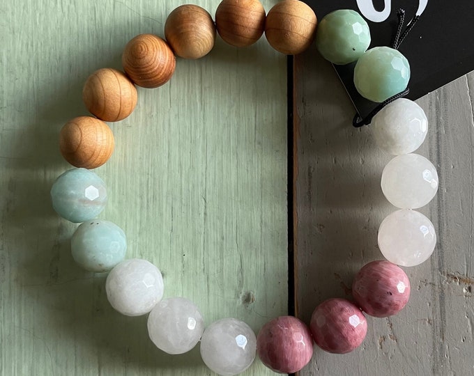 Chunky Cotton Candy Bracelet | Sandalwood, Amazonite, Moonstone, Rose Quartz, + Rhodonite | 6 mm | Spiritual Junkies