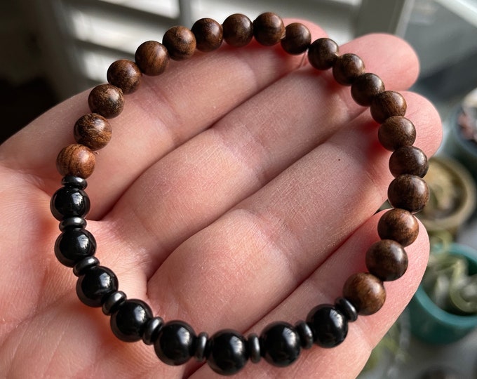 Mini Natural Wood + Black Onyx | Yoga + Meditation | Spiritual Junkies | Stackable Mala Bracelet