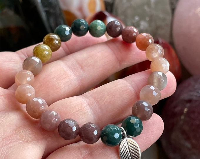 New Leaf Bracelet | Moss Agate, Green Garnet, Sunstone, Moonstone, Purple Aventurine, + Sterling Leaf | 8 mm | Spiritual Junkies