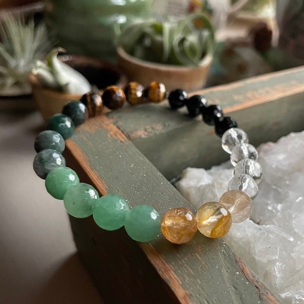 NEW Rainbow of Abundance Bracelet | Tiger Eye, Moss Agate, Aventurine, Citrine, Quartz Crystal + Tourmaline | Spiritual Junkies | Mala Beads