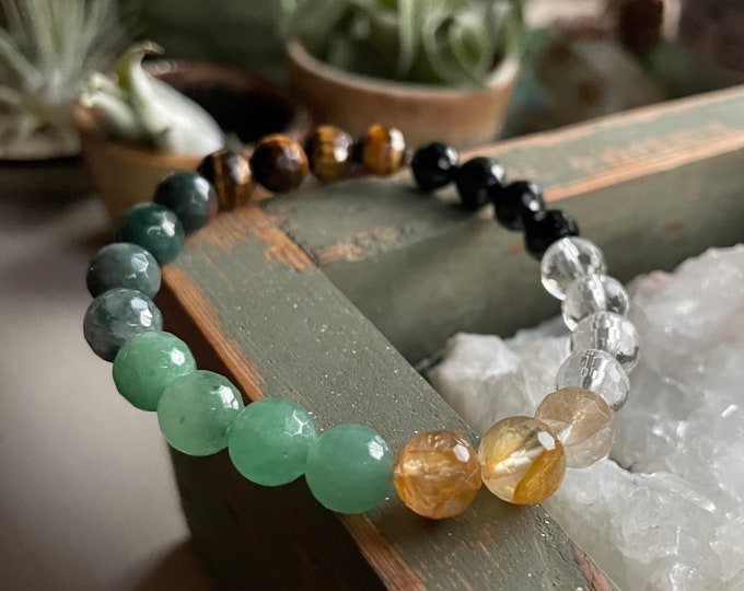 Rainbow of Abundance Bracelet | Tiger Eye, Moss Agate, Aventurine, Citrine, Quartz Crystal + Tourmaline | Spiritual Junkies | Mala Beads