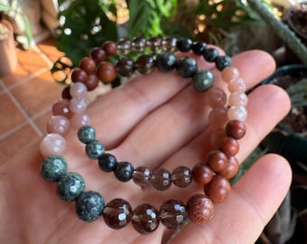 June Mala of the Month | Adventurer Bracelet | Rosewood, Sunstone, Kambaba Jasper, + Smoky Quartz | Spiritual Junkies