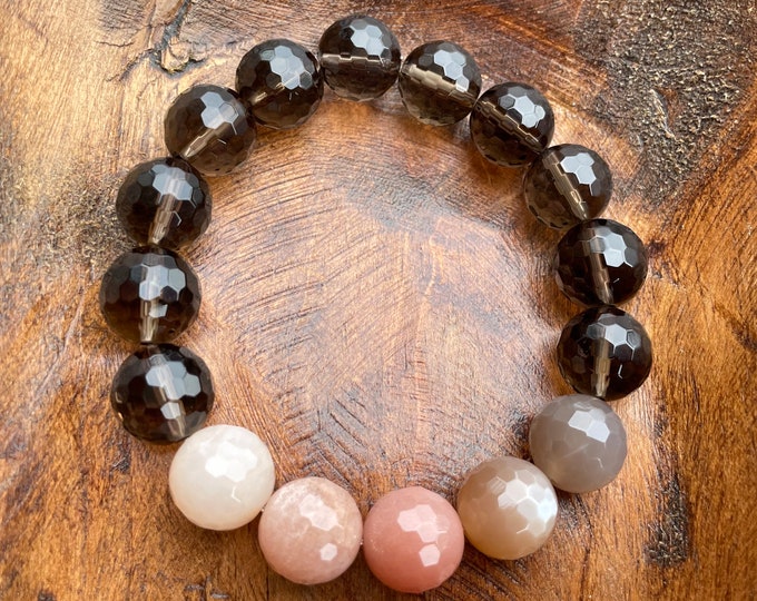 Total Solar Eclipse | Super Chunky Smoky Quartz + Sunstone Ombre | 12 mm | Spiritual Junkies | Yoga Mala Bracelet