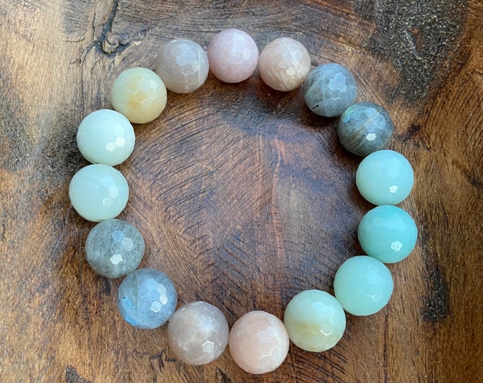 Golden Summer Bracelet | Super Chunky Labradorite, Sunstone + Amazonite | 12 mm | Spiritual Junkies | Yoga