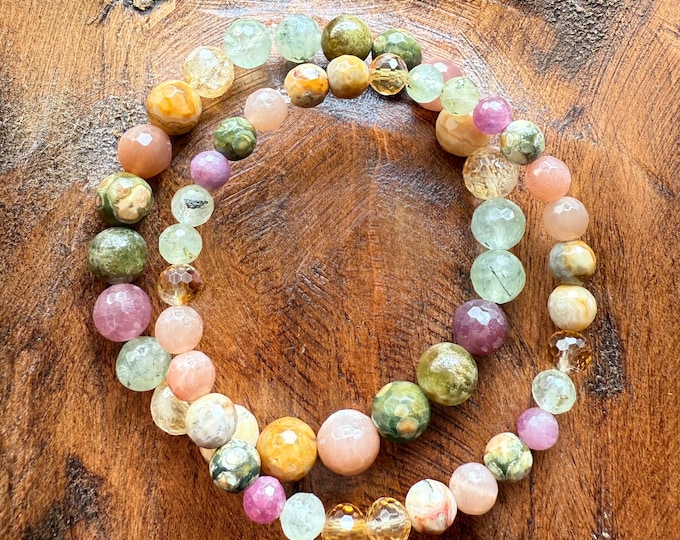 Summer Solstice 2025 Bracelet | Crazy Lace Agate, Rhyolite, Green Garnet, Prehnite, Citrine, Sunstone + Ruby | Spiritual Junkies