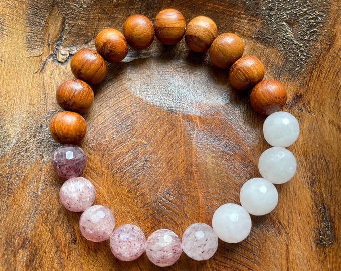 Chunky Mama Magic Bracelet | Natural Wood, Rose Quartz, + Strawberry Quartz | 10 mm | Spiritual Junkies