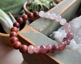 May Mala of the Month | Mama Magic Bracelet | Natural Wood, Rose Quartz, + Strawberry Quartz | Mothers Day | Spiritual Junkies