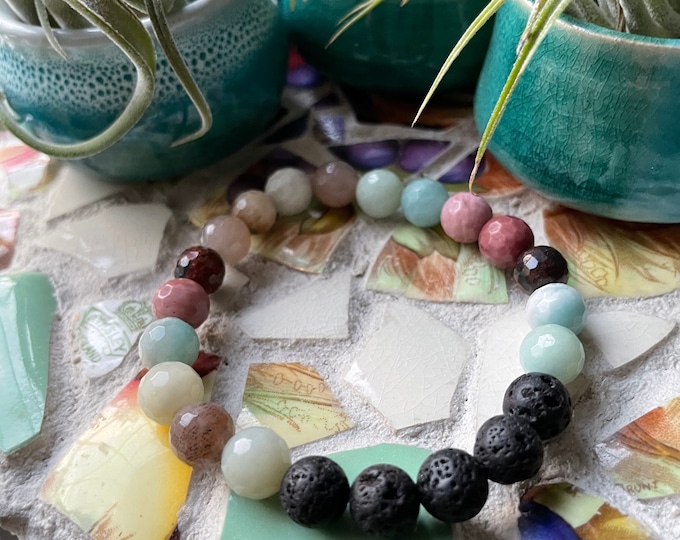 Follow Your Bliss | Diffuser Bracelet | Amazonite, Rhodonite, Red Jasper, Sunstone + Lava | Essential Oil | 8 mm | Spiritual Junkies