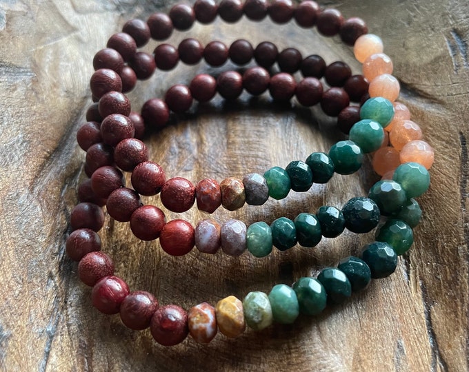 Mini Willow II Bracelet | Natural Wood, Sunstone, Moss Agate, Indian Agate + Ocean Jasper | 6 mm | Spiritual Junkies | Yoga Jewelry
