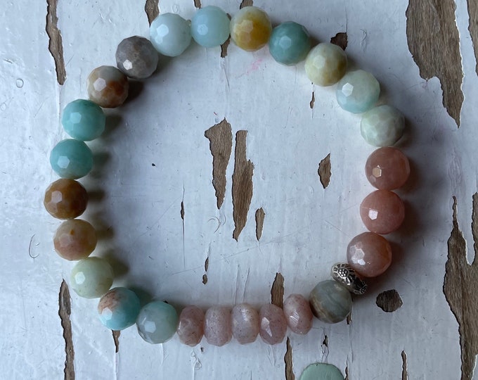 Toes in the Sand Bracelet | Amazonite, Strawberry Sunstone, + Sterling Silver Sun | 8 mm | Spiritual Junkies | Yoga | Mala Beads