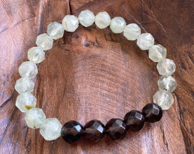 Mindful Bracelet | Faceted Prehnite + Smoky Quartz Bracelet | 8 mm | Spiritual Junkies | Yoga Mala Bracelet