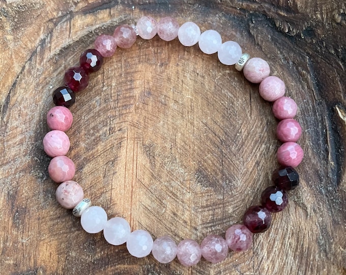 Mini Cherished Bracelet | Garnet, Strawberry Quartz, Rose Quartz, + Rhodonite | 6 mm | Spiritual Junkies | Stackable Mala | Yoga