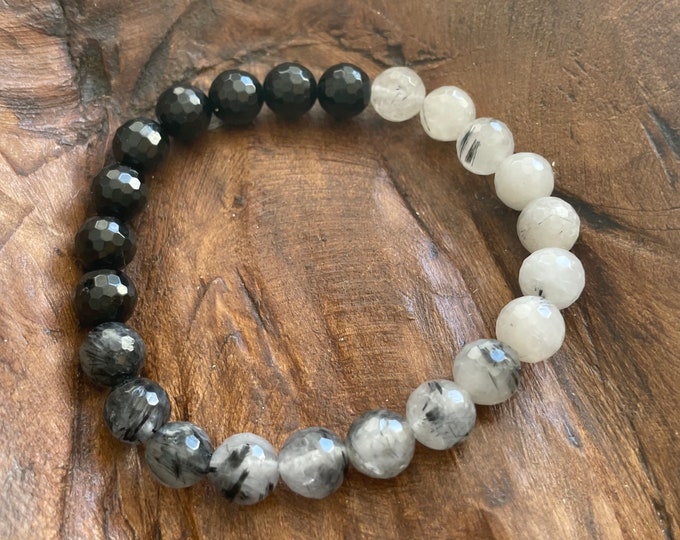 Yin to my Yang Bracelet | Black Tourmaline + Tourmalated Quartz | Spiritual Junkies | Yoga + Meditation | Stackable Mala Beads