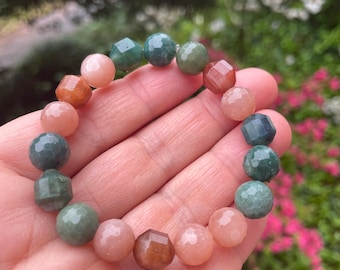 Chunky Flourish Bracelet | Sunstone, Moss Agate + Lodolite | 10 mm |Spiritual Junkies | Yoga  | Mala Beads