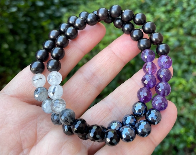 Ebony Circle of Healing Bracelet | Ebony Wood, Amethyst, Mystic Onyx, Onyx + Tourmalated Quartz | 8 mm | Spiritual Junkies