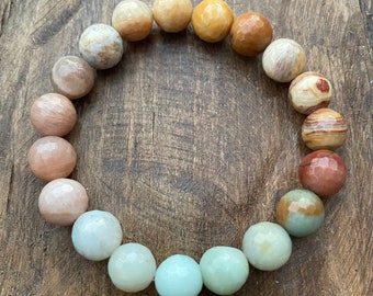 Sea Witch Bracelet | Chunky Amazonite, Crazy Lace Agate + Sunstone | 10 mm | Spiritual Junkies | Yoga | Mala Beads