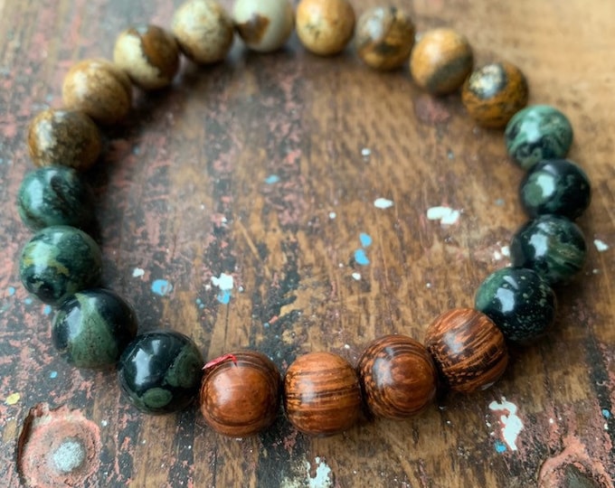 Chunky Mother Earth Bracelet | Natural Wood, Kambaba Jasper + Picture Jasper | 10 mm | Spiritual Junkies | Yoga | Mala Beads
