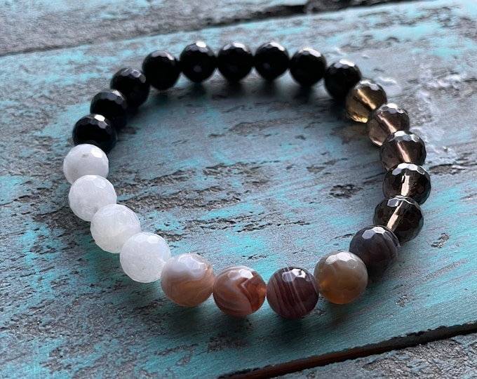 Scorpio Szn Bracelet | Onyx, Rainbow Obsidian, Smoky Quartz, Botswana Agate, + Rainbow Moonstone | Spiritual Junkies | Yoga | Mala Beads