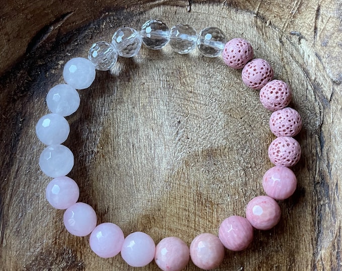 February Mala of the Month | Cutie Bracelet | Quartz Crystal, Lava Bead, Rhodonite, Rose Quartz | 8 mm | Spiritual Junkies