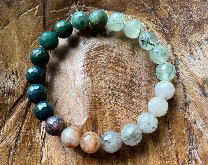 Earth Essence Bracelet | Bloodstone, Moss Agate, Prehnite, + Rutile Quartz | 8 mm | Spiritual Junkies | Yoga + Meditation