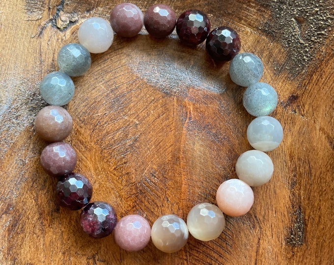 Chunky Moonbeam Bracelet | Grey Moonstone, Purple Aventurine, Garnet + Labradorite | 10 mm | Spiritual Junkies | Yoga