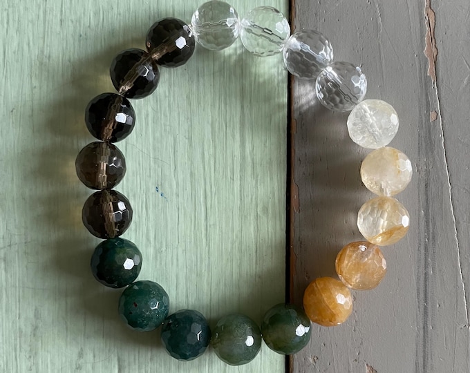 Chunky Sunflower Bracelet | Quartz Crystal, Smoky Quartz, Moss Agate, + Citrine | 10 mm | Spiritual Junkies