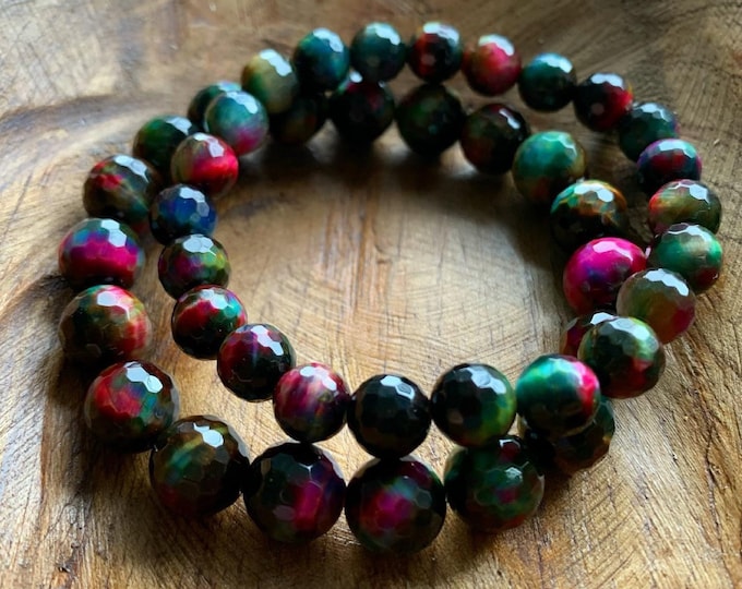 Graffiti Bracelet | Faceted Rainbow Tiger Eye | 8 mm or 10 mm | Color Enhanced | Spiritual Junkies | Mala Beads