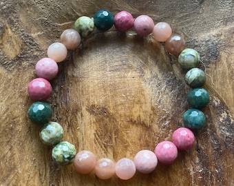 Heart Elixir Bracelet | Moss Agate, Rhyolite Jasper, Grey Moonstone. Golden Sunstone + Rhodonite | 8 mm | Spiritual Junkies | Yoga