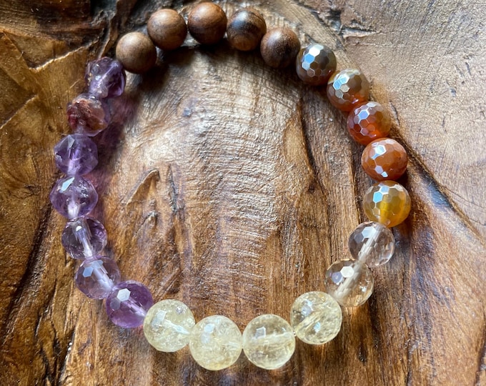 September Mala of the Month Abundant Autumn Bracelet | Natural Wood, Melody Stone, Ametrine, Citrine, Mystic Agate | 8 mm Spiritual Junkies