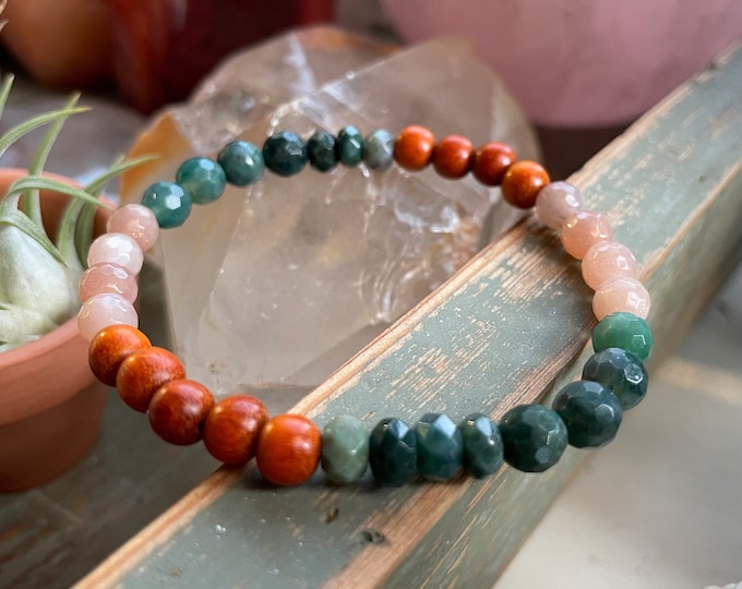 Fairy Garden Bracelet | Redwood, Strawberry Sunstone, Moss Agate, + Indian Agate | 6 mm | Spiritual Junkies | Yoga Mala Bracelet