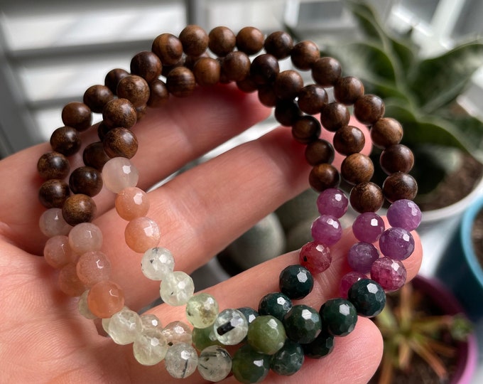 Mini In Joy Bracelet | Natural Wood, Moonstone, Prehnite, Moss Agate + Ruby | 6 mm | Spiritual Junkies | Yoga Jewelry
