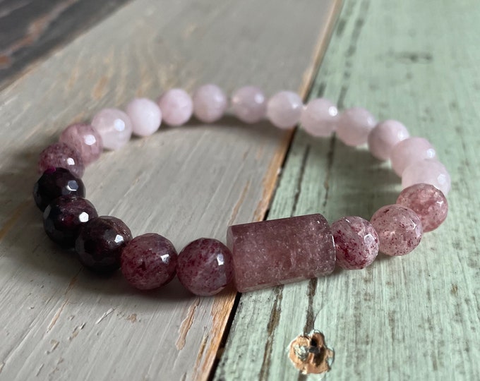 Self Lovery Bracelet | Rose Quartz, Garnet + Strawberry Quartz | 8 mm | Spiritual Junkies | Yoga Mala Beads