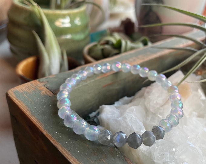 Mini Sparkle Bracelet | Rainbow Aura Agate + Labradorite | 6 mm | Spiritual Junkies | Yoga + Meditation | Mala Beads