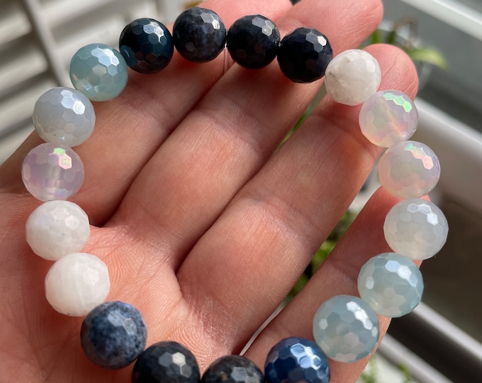 Chunky Resilience Bracelet | Dumortierite, Mystic Agate, + Rainbow Moonstone | 10 mm | Spiritual Junkies | Mala Beads