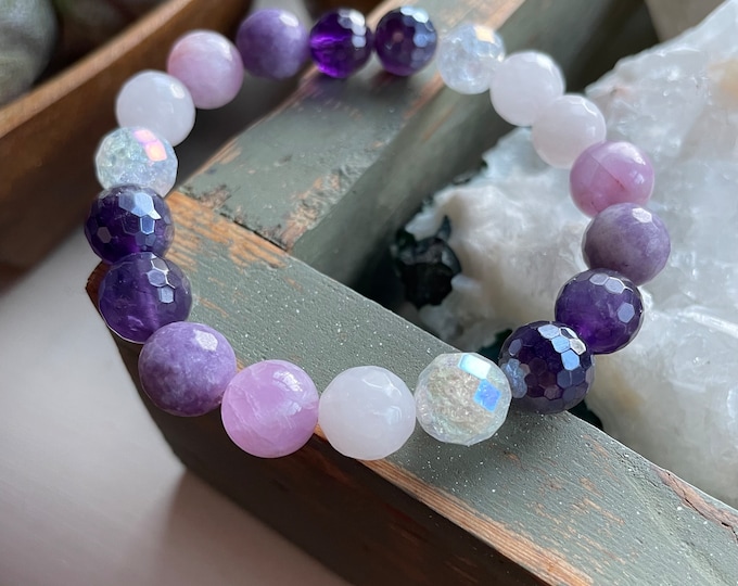 Chunky Reign Bracelet | Amethyst, Mystic Amethyst, Lepidolite, Kunzite, Rose Quartz, + Aura Crackle Quartz | 10 mm | Spiritual Junkies