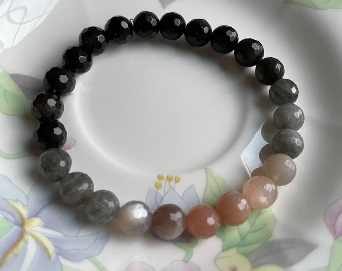 Half Moon Bracelet | Golden Rainbow Obsidian, Labradorite, + Grey Moonstone | 8 mm | Spiritual Junkies | Yoga | Mala Beads