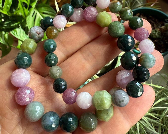 Moss + Petal Bracelet | Bloodstone Jasper, Moss Agate, Indian Agate, Jade, Kunzite, + Ruby | 8 or 10 mm | Spiritual Junkies