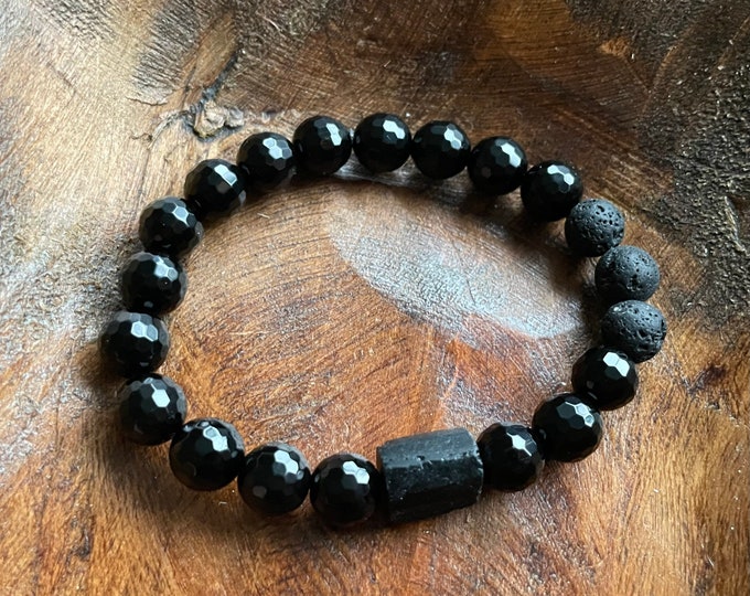 New Moon Bracelet | Onyx, Lava Bead + Raw Tourmaline | Spiritual Junkies | Yoga + Meditation | Stackable Mala Beads