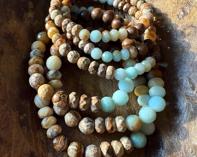 Year of the Wood Snake Bracelet | Natural Wood, Crazy Lace Agate, Picture Jasper, + Amazonite | 6 + 8 mm | Spiritual Junkies