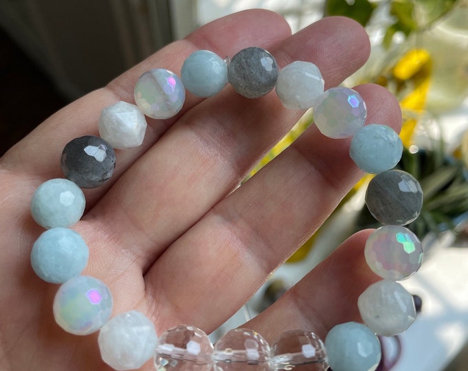 Chunky Be Still Bracelet | Aquamarine, Labradorite, Mystic Rainbow Agate,  Moonstone + Quartz Crystal | 10 mm Spiritual Junkies