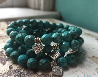 Faceted Turquoise Magnesite + Thai Sterling Silver Yin Yang | Spiritual Junkies Yoga + Meditation | Stackable Mala Bracelet | Color Enhanced