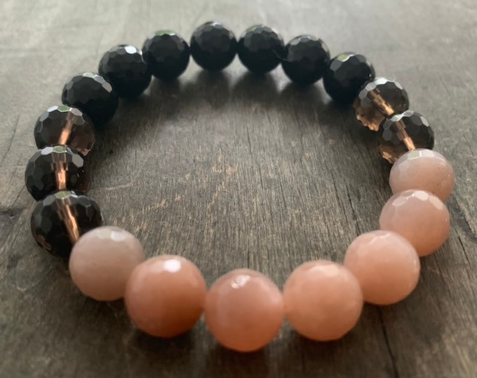 Chunky Solar Eclipse | Onyx, Smoky Quartz, Sunstone + Strawberry Sunstone Ombré | 10 mm | Spiritual Junkies | Yoga Mala Bracelet