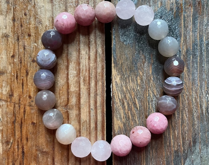 Heart to Heart Bracelet | Botswana Agate, Grey Moonstone, Rhodonite, + Rose Quartz | Grief Support | Spiritual Junkies | Yoga + Meditation