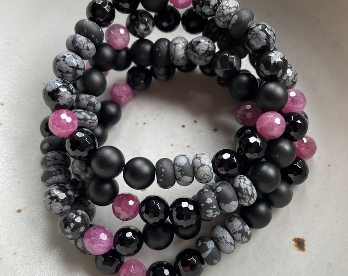 Blood Moon Bracelet | Onyx, Snowflake Obsidian, + Ruby | 8 mm | Spiritual Junkies