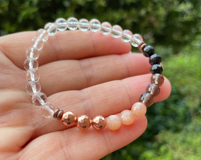 Girls Night Out Bracelet | Mini Quartz, Onyx, Smoky Quartz, Strawberry Sunstone + Rose Gold Hematite | 6 mm | Spiritual Junkies