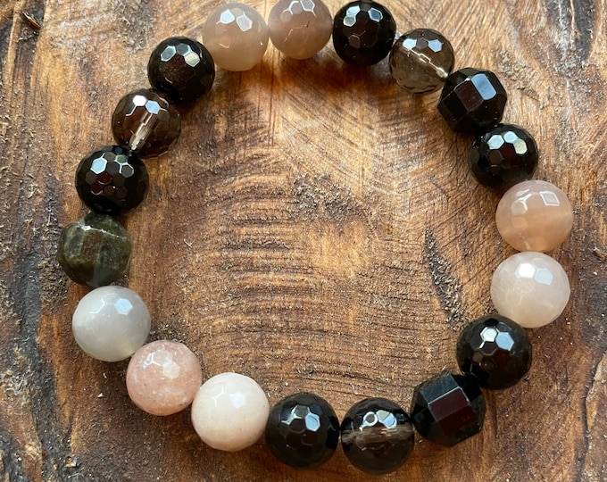 Smoke Show Bracelet | Chunky Onyx, Golden Rainbow Obsidian, Smoky Quartz + Moonstone | 10 mm | Spiritual Junkies | Yoga | Mala Beads