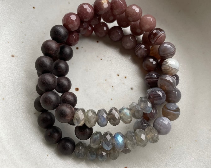 Little Soothe Bracelet | Matte Ebony Wood, Botswana Agate, Purple Aventurine + Labradorite | 8 mm | Spiritual Junkies